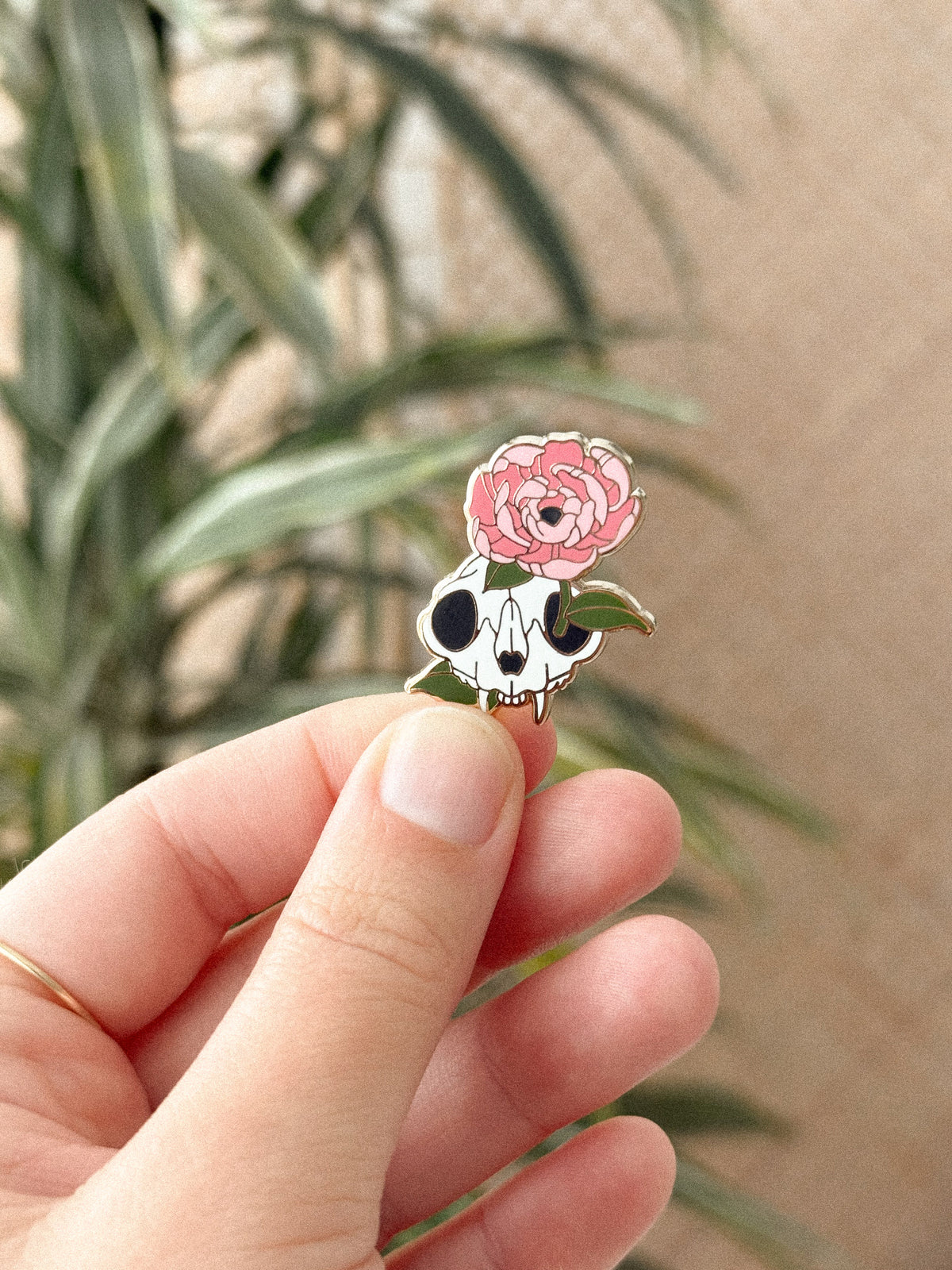 Cat Skull & Peony Enamel Pin (Gold)