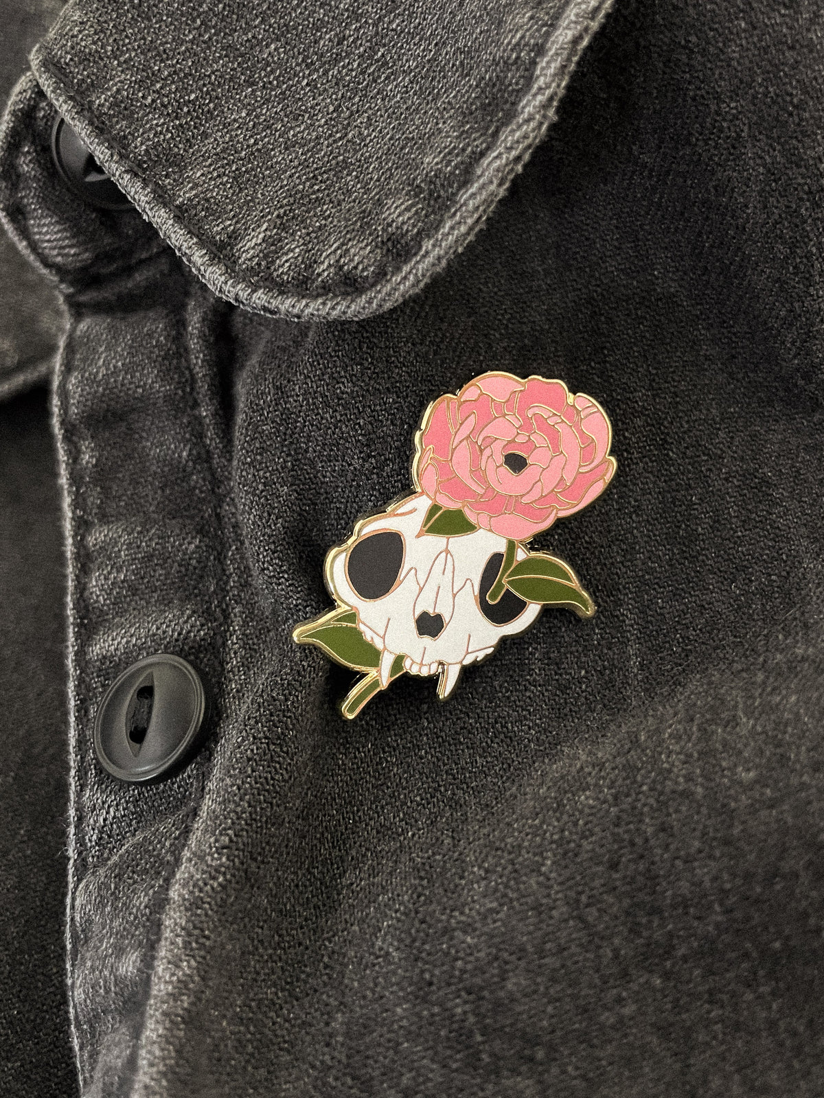 Cat Skull & Peony Enamel Pin (Gold)
