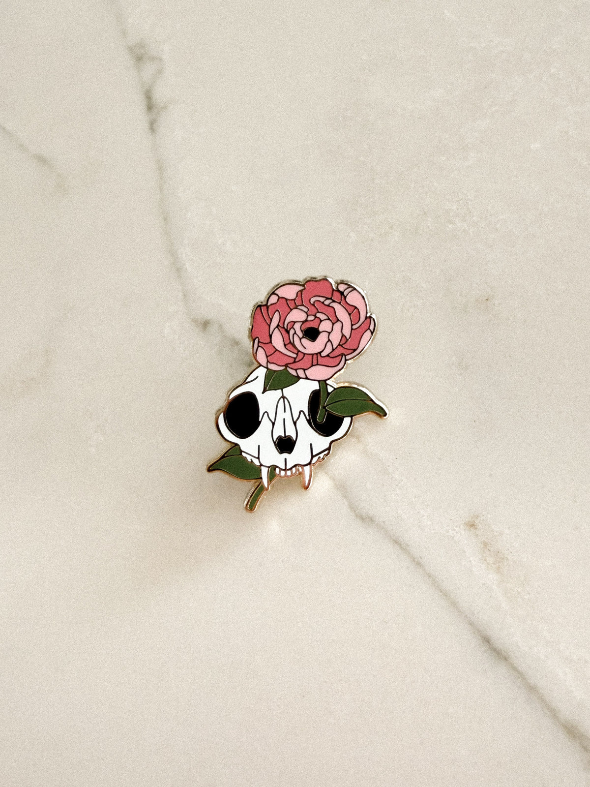 Cat Skull & Peony Enamel Pin (Gold)